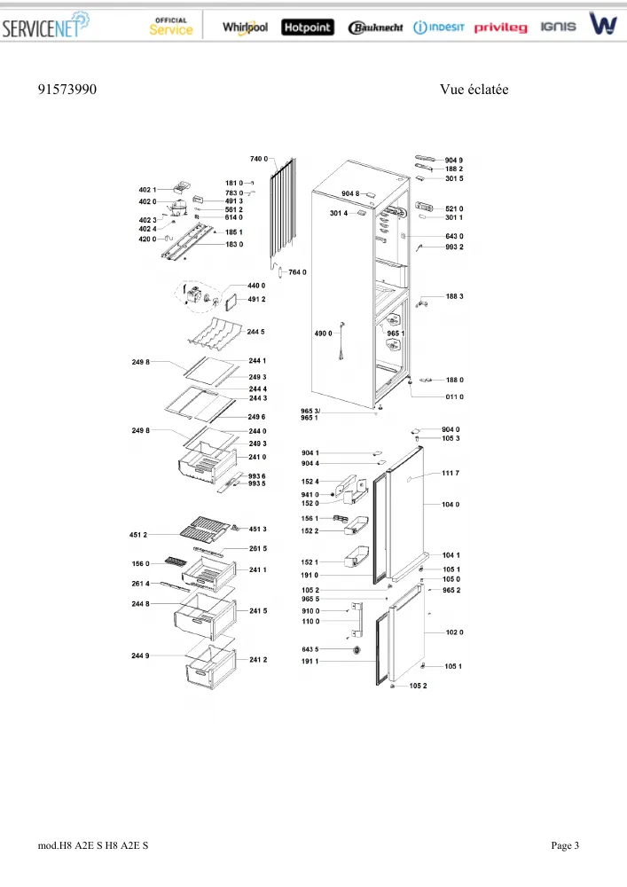 Vue éclatée HOTPOINT-ARISTON H8A2ES 167246