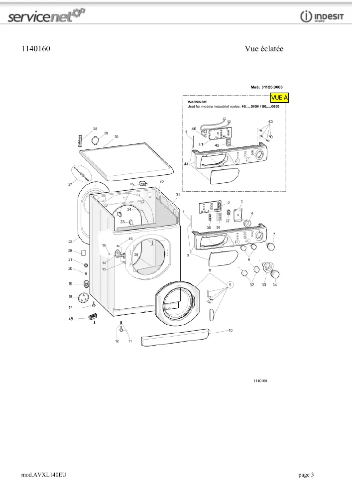 Vue éclatée HOTPOINT-ARISTON AVXL140EU 45842