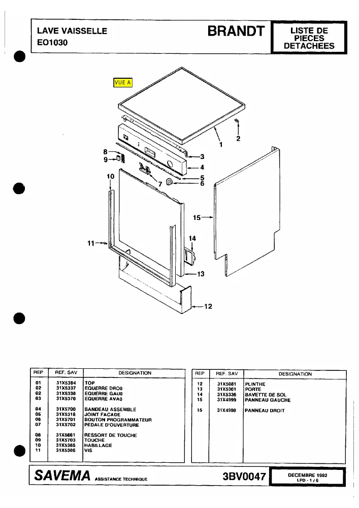 Vue éclatée BRANDT EO1030 821IBRFF1