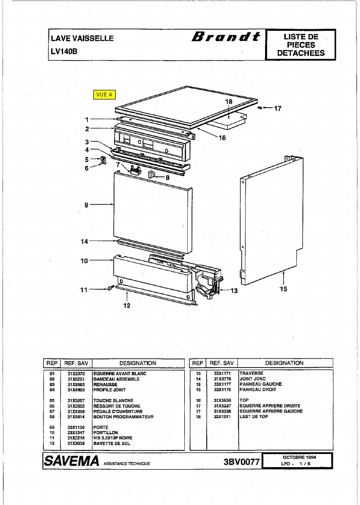 Vue éclatée BRANDT LV140B 51VBBRFFB