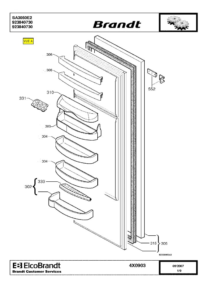 Vue éclatée BRANDT SA3050E 923840730