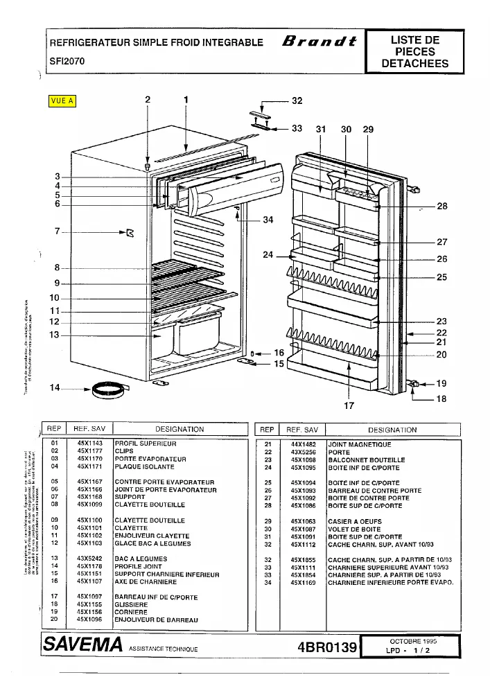Vue éclatée BRANDT SFI2070