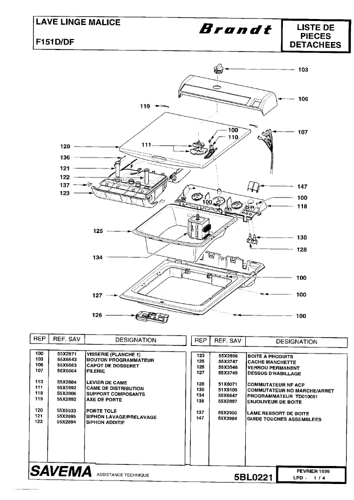 Vue éclatée BRANDT F151D.DF F151DDF
