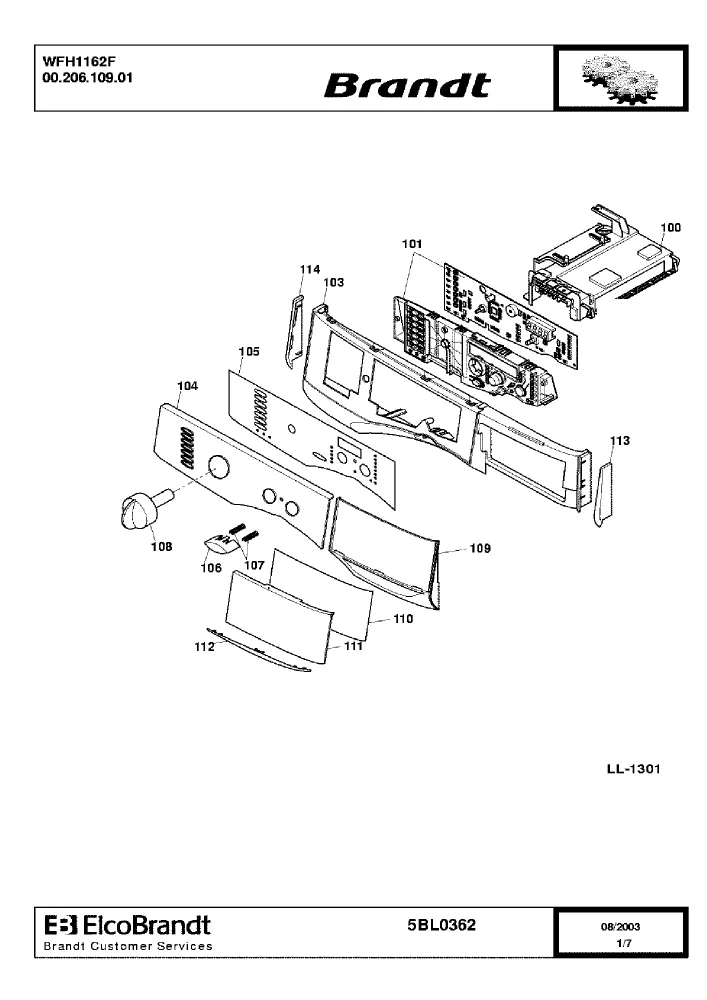 Vue éclatée BRANDT WFH1162F 0020610901