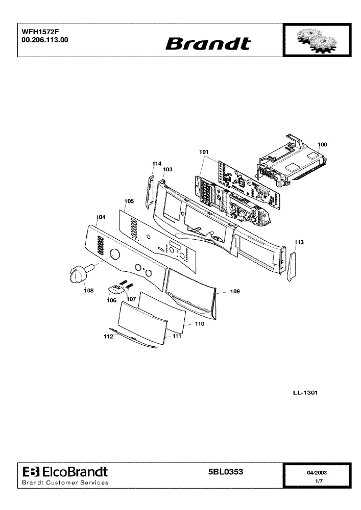 Vue éclatée BRANDT WFH1572F 0020611300
