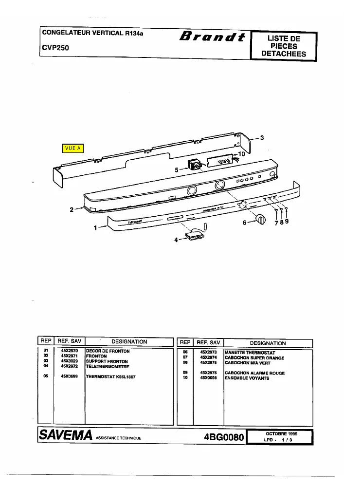 Vue éclatée BRANDT CVP250 50125B0V5