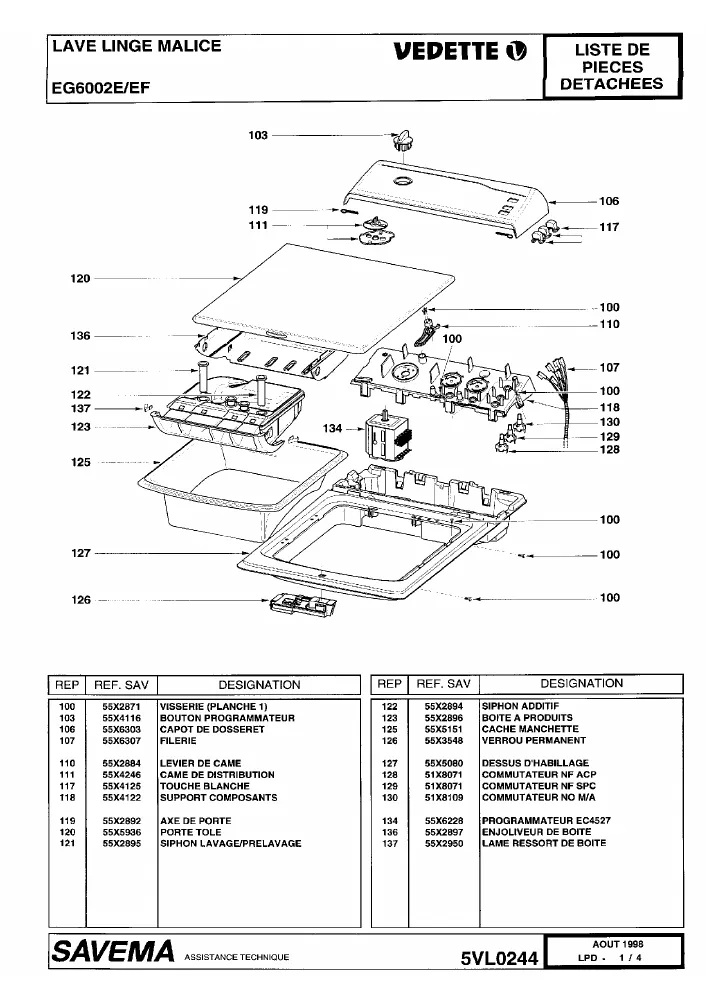 Vue éclatée VEDETTE EG6002 EG6002E.EF EG6002EEF