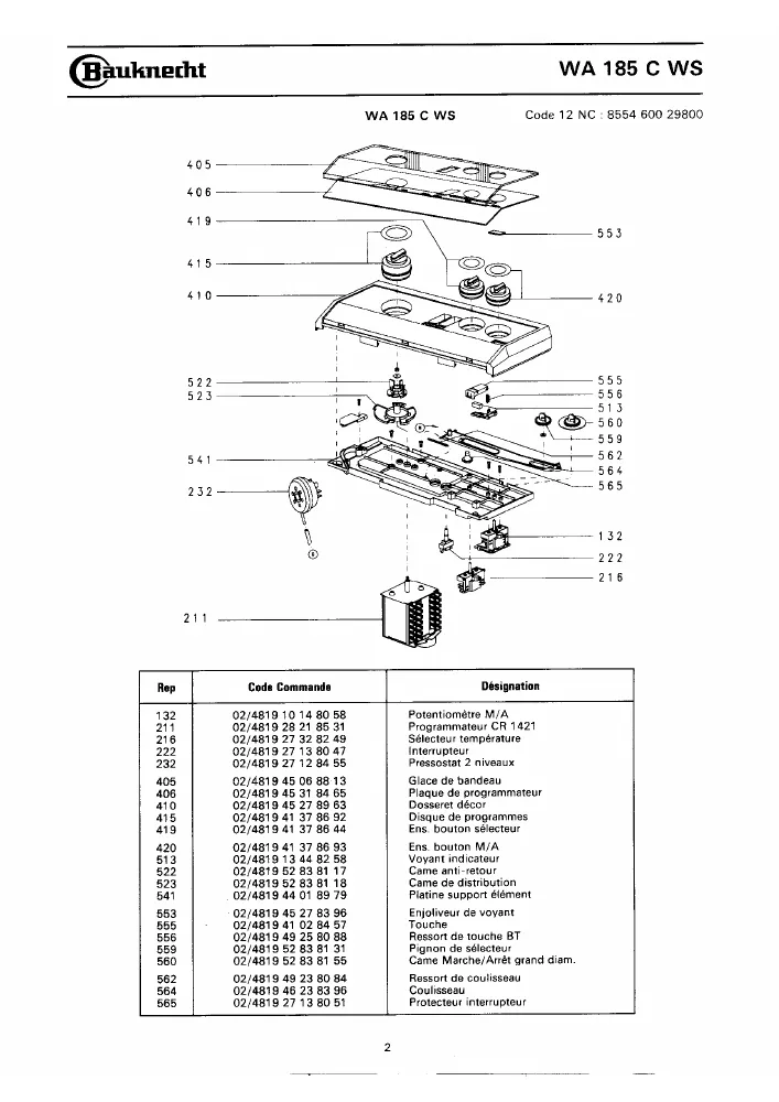 Vue éclatée BAUKNECHT WA185CWS 855460029800