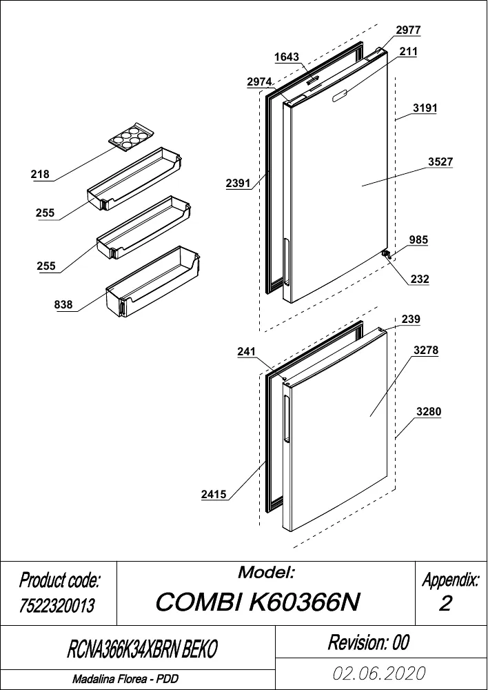 Vue éclatée BEKO RCNA366K34XBRN 7522320013