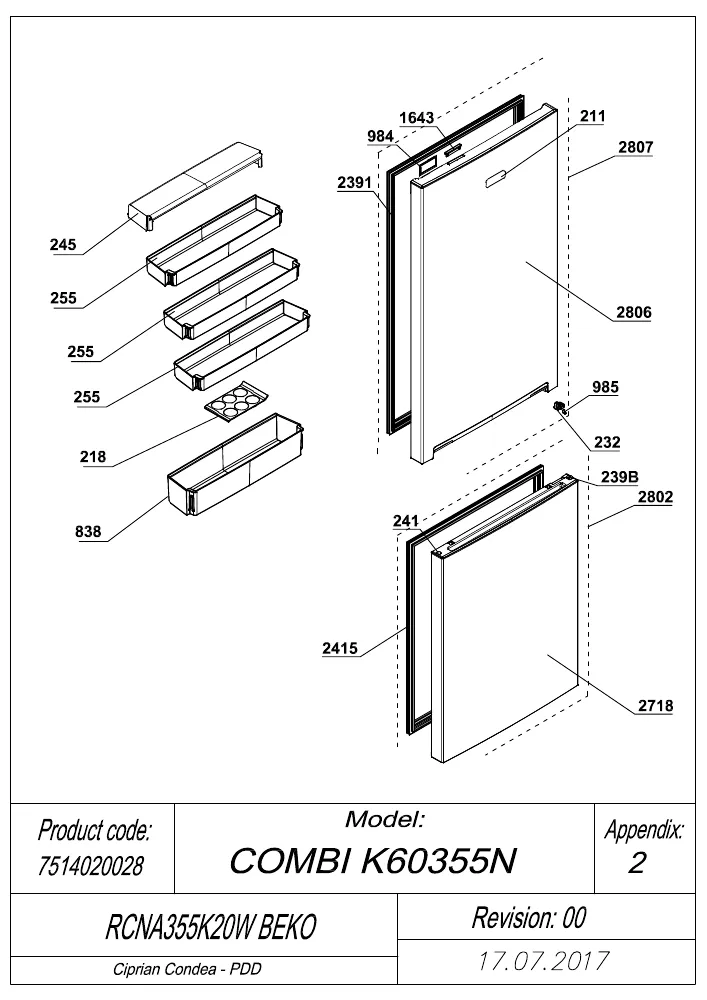 Vue éclatée BEKO RCNA355K20W 7514020028