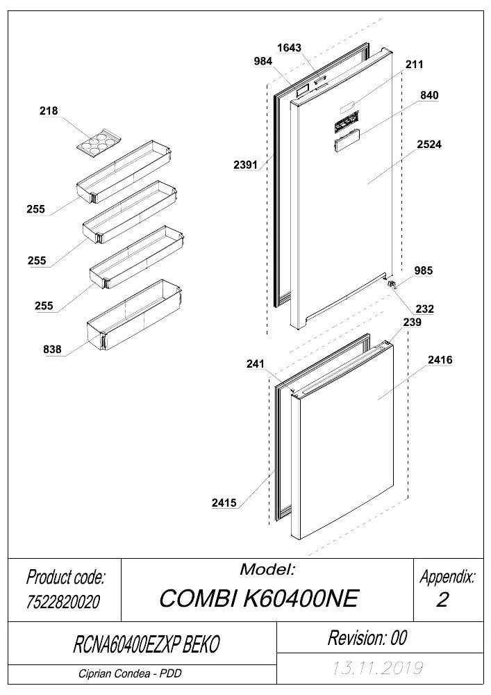 Vue éclatée BEKO RCNA60400EZXP 7522820020