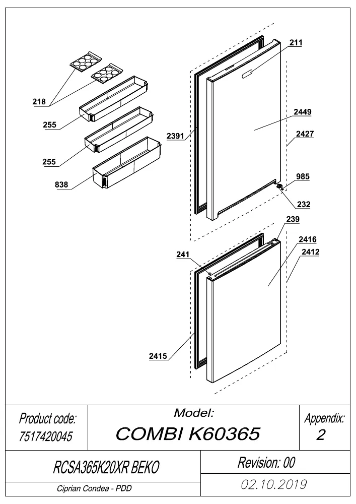 Vue éclatée BEKO RCSA365K20XR 7517420045