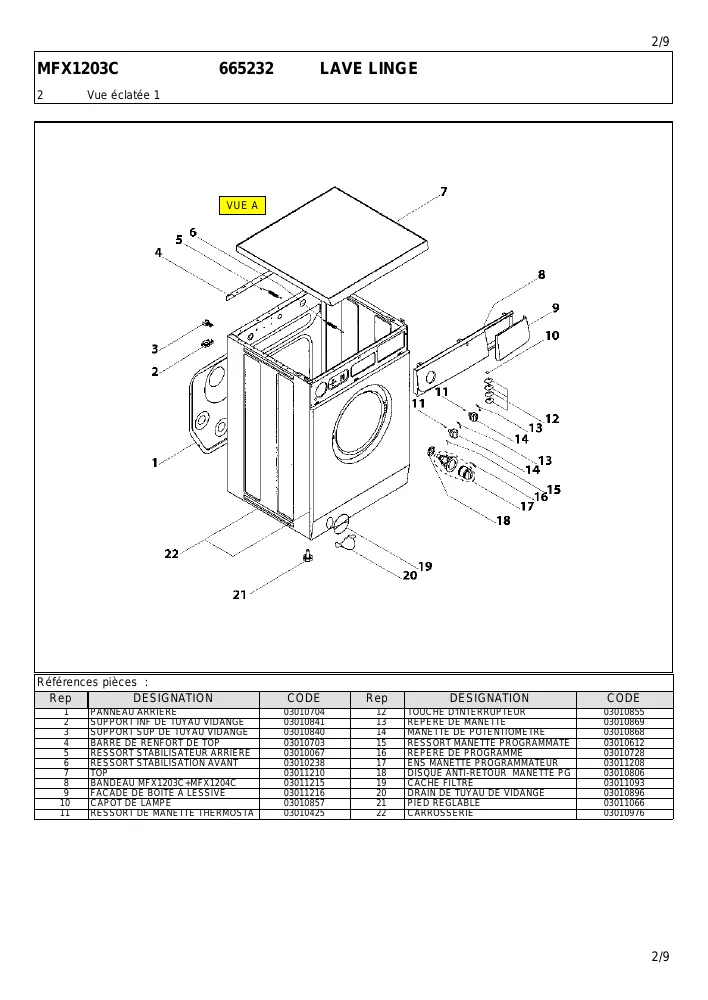 Vue éclatée RECTILIGNE MFX1203C 665232